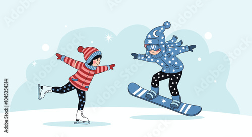 Two children enjoying winter sports, one ice skating and the other snowboarding, against a soft blue winter background with falling snow.