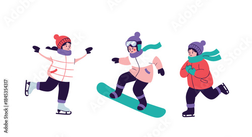 Cheerful children enjoying winter activities like ice skating and snowboarding on a bright, snowy day, showcasing seasonal fun and outdoor recreation.