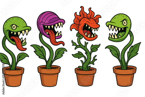 Four cartoon carnivorous potted plants with sharp teeth and menacing tongues