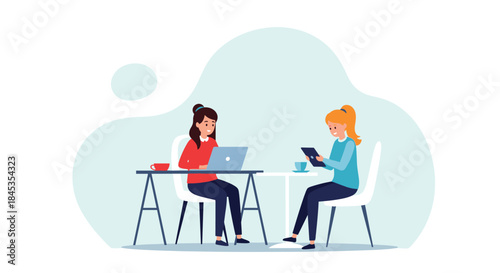 Two young women are working remotely at a table with laptops and coffee, collaborating on projects or studying in a modern, casual setting.