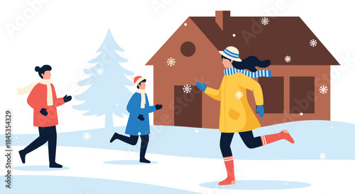 Cheerful family enjoying a playful winter day outdoors, running through the snow near a cozy cabin with falling snowflakes and a festive evergreen tree.