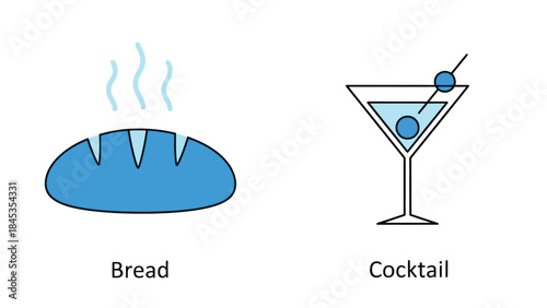 Vector illustration of A martini glass with cocktail and bread on a plate