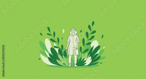 A woman stands amidst lush green foliage, looking upwards with a serene expression, representing growth, nature, and peaceful contemplation.