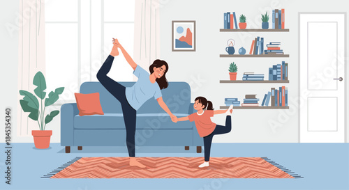 Mother and daughter practicing yoga together in a bright, cozy living room, promoting wellness and family bonding through exercise and mindful movement.