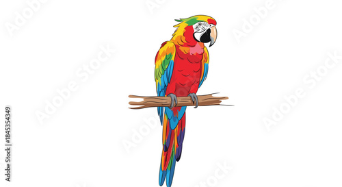 A vibrant scarlet macaw perches on a weathered branch, displaying its colorful plumage and intelligent gaze, a beautiful tropical bird illustration.