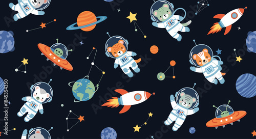 Seamless pattern featuring adorable baby animals in astronaut suits exploring space with planets, rockets, and UFOs on a dark blue background.