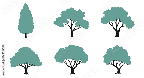 Collection of stylized trees in varying shapes and sizes, featuring rounded and conical canopies with dark trunks, isolated on a white background.