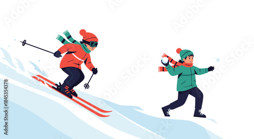 A cheerful winter scene depicts a skier gliding down a snowy slope while a friend playfully throws a snowball nearby, capturing the joy of seasonal activities.