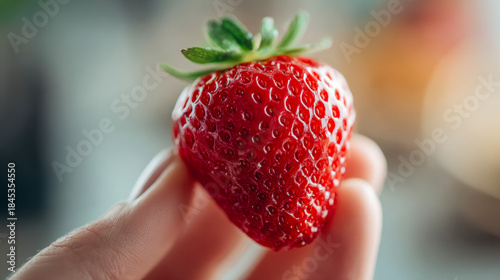 Fresh ripe strawberry with green leaves delicately held between fingers captured in soft natural lighting and blurred background for healthy eating concept