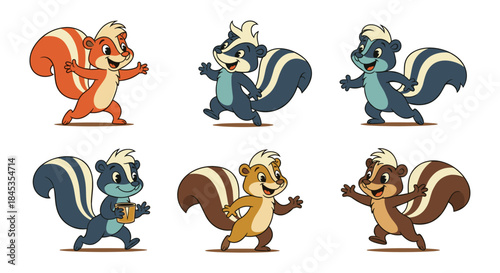 Collection of Six Adorable Cartoon Skunks in Various Poses and Colors.
