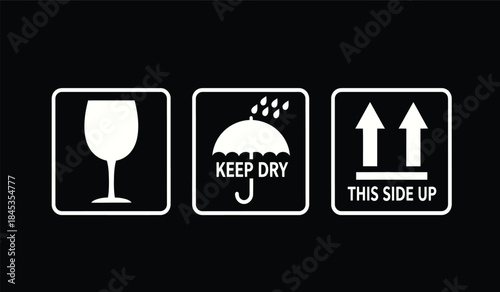 The image displays three white shipping icons on a black background fragile keep dry and this side up indicators high quality professional detailed