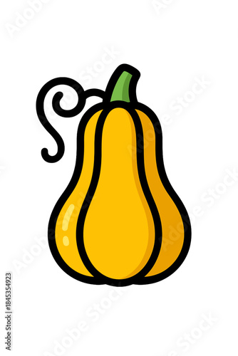 Stylized yellow butternut squash with green stem and curly vine