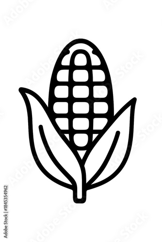 Minimalist black and white line art icon depicting an ear of corn with husks