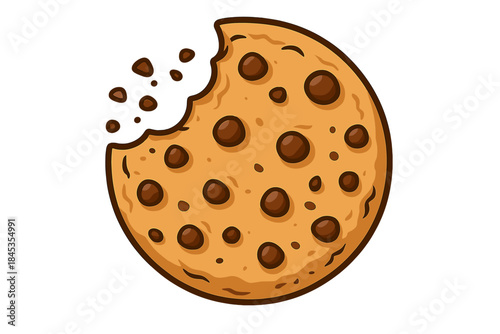 Cartoon chocolate chip cookie with a bite removed isolated on white