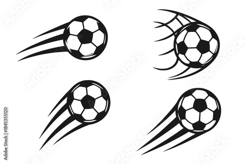 Four dynamic soccer ball icons showing motion trails and goal net impact