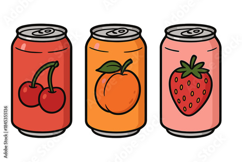 Assortment of fruit flavored soda beverage cans with cherry peach and strawberry