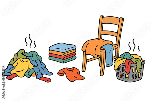 Pile of dirty laundry next to clean folded clothes and wooden chair