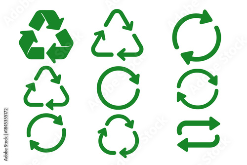 Green recycling and circular arrows icons collection for sustainability