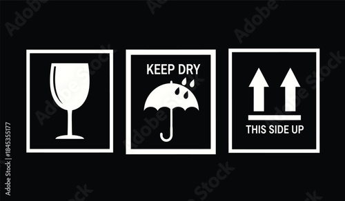 This image displays three common shipping symbols on a black background a wine glass a keep dry umbrella and arrows indicating the upward direction