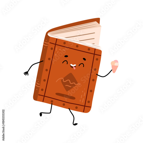 Book character with retro cover, legs and hands running and carrying ice cream. Vector in flat style, isolated sticker or emoticon for social media or messenger. Positive personage with gelato
