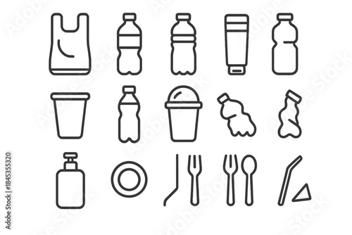 Common single-use plastic waste and recycling symbols set