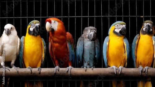 Inside a spacious cage, a variety of colorful parrots gather, their bright feathers contrasting against the black backdrop. Each bird displays a distinct aura and charm