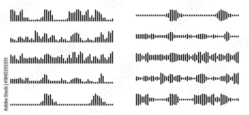 Sound Waveforms Set. Audio Equalizer and Voice Wave Icons Isolated on White Background