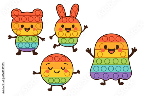 Four cute rainbow sensory fidget toys with happy faces