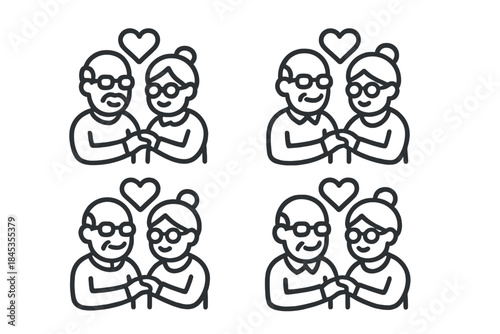 Set of four line icons depicting happy elderly couple holding hands with heart symbol