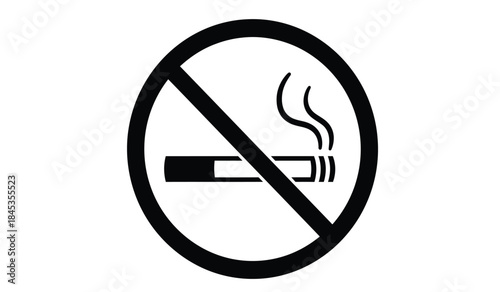 A stark black and white illustration depicts a universally recognized no smoking symbol featuring a lit cigarette with smoke crossed out by a diagonal