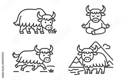 Four charming line art icons showing yaks in different poses