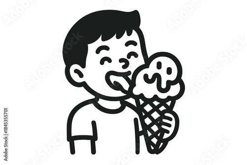 Happy child licking melting ice cream cone in simple outline style
