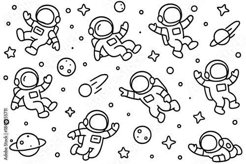 Cute cartoon astronauts floating in outer space seamless pattern outline