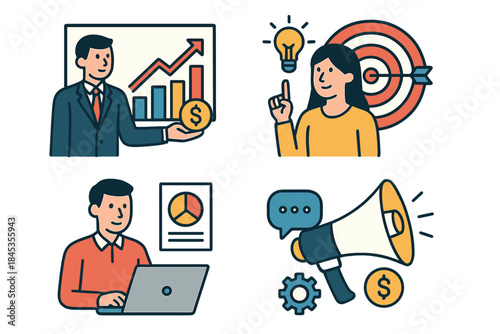 Set of business strategy icons featuring finance, marketing, analysis, and idea concepts