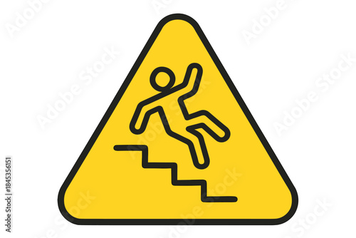 Triangular warning sign depicting falling down stairs hazard with stick figure