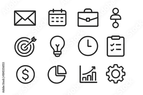 Basic business and finance outline icons for planning and strategy concepts