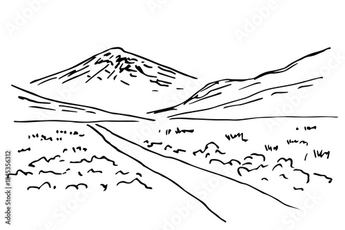Hand-drawn vector drawing in black outline, sketch in ink. Nature and landscape, rocky terrain, distant road, mountains on the horizon.
