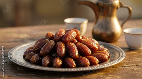 Plate of fresh dates with traditional Arabic coffee for Iftar.