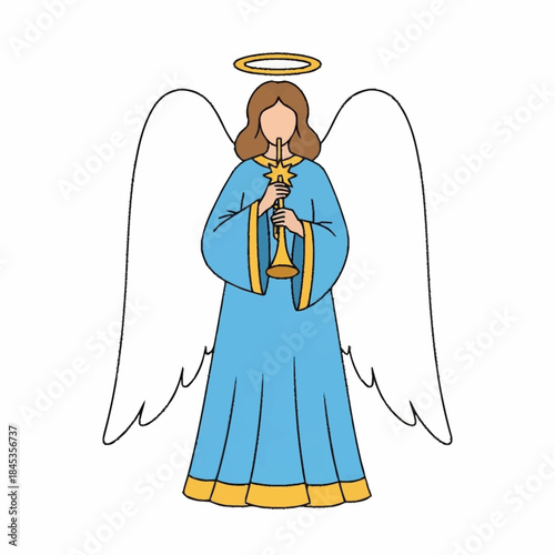 Angel blowing a trumpet with wings and halo.