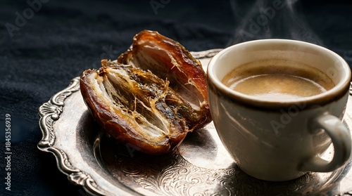 Steaming hot espresso coffee with a sweet date fruit on a vintage silver tray.