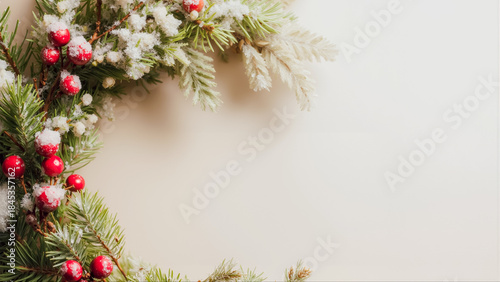ベージュの背景に雪をかぶったモミの枝と赤い実のクリスマスフレーム