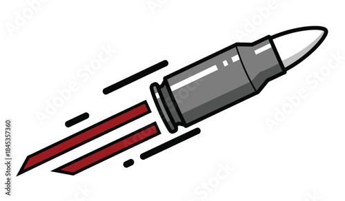 a stylized illustration depicts a metallic bullet traveling at high velocity accentuated by dynamic red speed lines suggesting rapid motion and impact