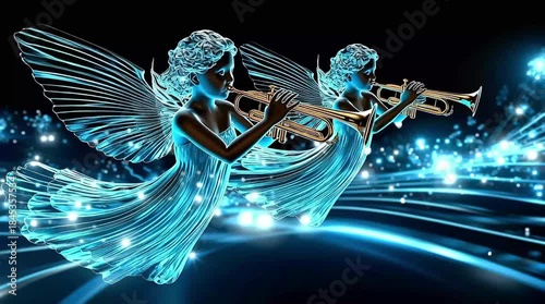 Neon blue angels play trumpets against a dark background. Heavenly angels play trumpets, creating a magical shimmering light effect. Christmas animation.