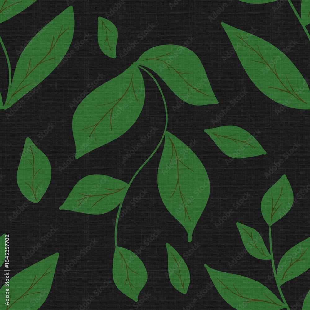 Fototapeta premium Green Leaf Hand Drawn Seamless Pattern on Black Background - Botanical Textile Design 