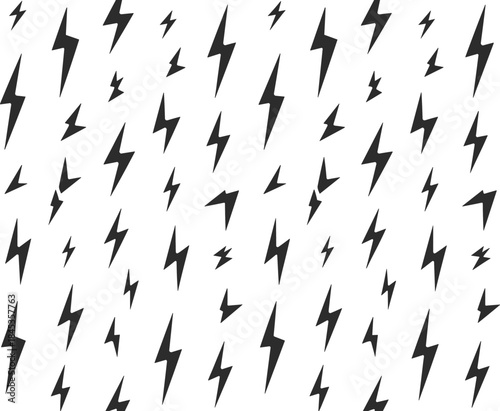 Seamless pattern of black lightning bolts, vector electric thunder storm background texture, isolated on white, energy power symbol illustration.