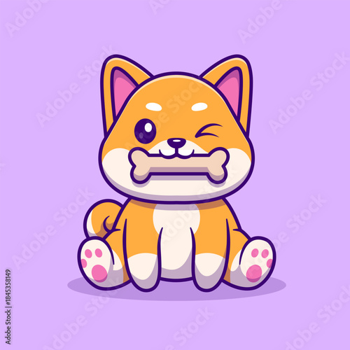 Cute Shiba Inu Dog Bite Bone Cartoon