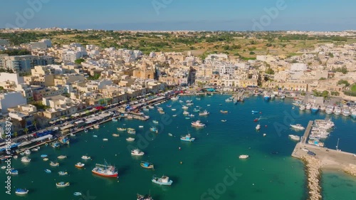 Fishing village Marsaxlokk. Drone view, Malta island