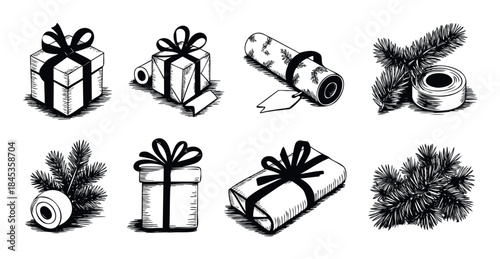 Hand drawn black and white festive elements including wrapped gifts, pine branches, and rolls of wrapping paper ideal for holiday season preparation and celebration concepts.