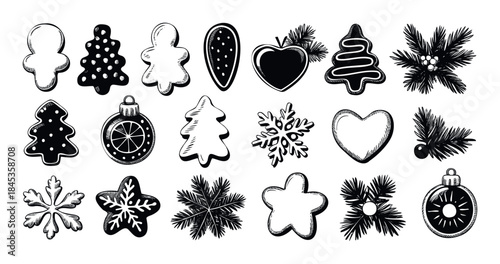 Festive Collection of Christmas Symbols Including Gingerbread Cookies Pine Branches and Ornaments for Holiday Celebrations and Seasonal Decor Use
