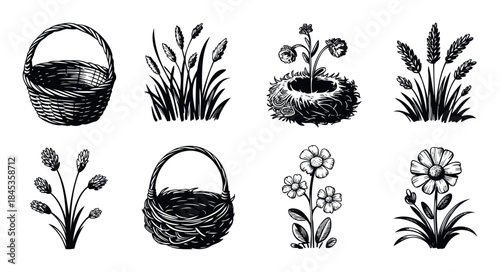 Collection of graphic elements featuring woven baskets, vibrant wildflowers, and clusters of wheat or grass stalks perfect for naturalistic themes and seasonal projects